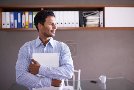 Photo for Thinking, office and business man with laptop for internet, website and online project by desk. Professional, corporate consultant and worker with computer for problem solving, brainstorming and idea. - Royalty Free Image