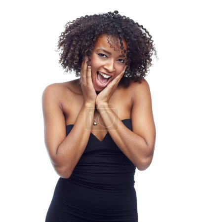 Surprise, wow and hands on face of woman in studio with shocking news, announcement or info on white background. Omg, portrait or African model with mind blown emoji, reaction or gesture for giveaway.