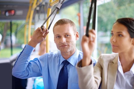Photo for Portrait, public transport and business man on bus for morning commute to work for start of career or job. Travel, work and young passenger riding metro with colleague in city for trip or transit. - Royalty Free Image