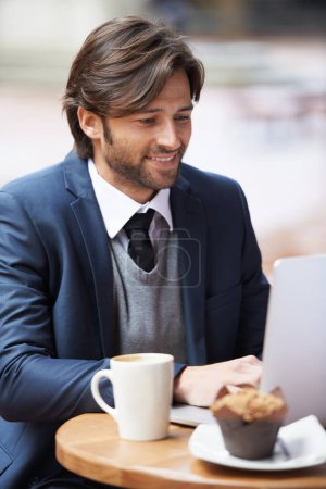 Photo for Businessman, laptop and smile with cafe, entrepreneur and coffee shop with suit and table. Man, broker and news with reading, break and corporate job with mug and restaurant for rest and remote work. - Royalty Free Image