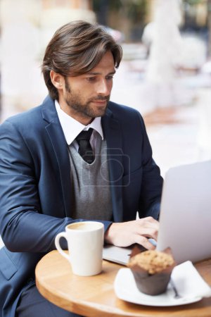 Photo for Businessman, laptop and lunch with cafe, entrepreneur and coffee shop with suit and table. Man, broker and news with reading, break and corporate job with mug and restaurant for rest and remote work. - Royalty Free Image