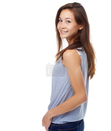 Photo for Portrait, Asian woman and happy with fashion, smile and isolated on white background. Confident, mock up and contemporary learner from Japan with style, student and trendy clothing look over shoulder. - Royalty Free Image