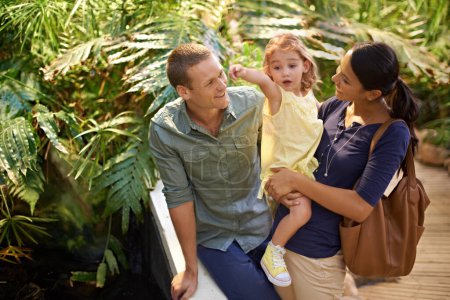 Photo for Happy family, child and pointing at zoo with tourist for sightseeing, travel or tour on trip. Father, mother and little girl showing direction, guide or exhibit to explore together in outdoor nature. - Royalty Free Image