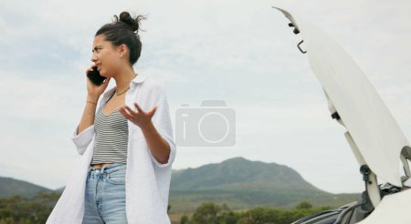Photo for Frustrated woman, phone call and car trouble for problem solving, communication or road side assistance. Female person talking to mechanical engineer on sidewalk with vehicle breakdown in countryside. - Royalty Free Image