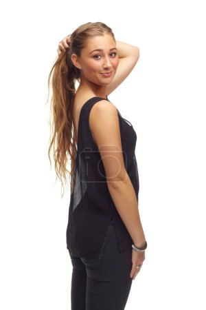 Photo for Happy woman, portrait and confidence for fashion in studio, casual style and aesthetic on white background. Female person, smile and pride for gen z culture, university student and designer clothes. - Royalty Free Image