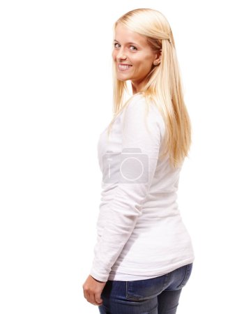 Photo for Happy, woman and portrait with fashion in studio, white background or mock up space. Cool, style and girl with a smile for confidence and pride in creative outfit with trendy and casual clothes. - Royalty Free Image