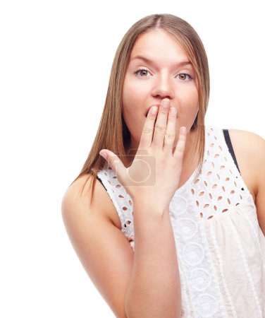 Photo for Portrait, surprise or happy woman in studio for gossip, announcement or fashion discount. Giveaway, model or shocked female person with wow gesture, news or omg facial expression on white background. - Royalty Free Image