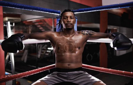 Photo for Boxing male person, ring and gym for sport, match and portrait with braids and shirtless with gloves. Black male boxer, sport and training gear for mma, exercise and fitness for workout and fight. - Royalty Free Image