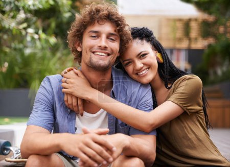 Photo for Portrait, couple and interracial with smile, love and hug outdoors in garden, backyard and patio in Jamaica. Male person, girlfriend and diversity lovers with partnership, affection and bonding. - Royalty Free Image