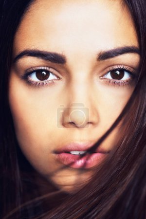 Photo for Portrait, hair and skincare of woman, wind and shine in spa for facial treatment. Face, hairstyle and serious model in cosmetics for dermatology, wellness or natural beauty for skin health in salon. - Royalty Free Image