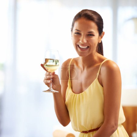 Photo for Happy, portrait and woman with glass of wine at home for celebration, toast or success at home. Smile, achievement and portrait of female person drinking champagne or alcohol in modern apartment - Royalty Free Image