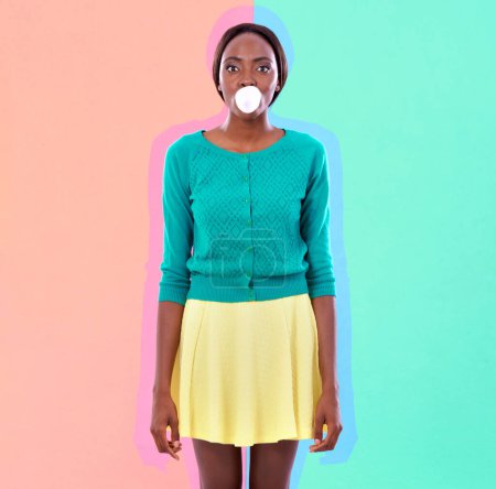 Photo for Black woman, studio and fashion with gum for bubble, blowing and stylish with color block. Candy, art and face of African person with outline for fun, chewing and trendy clothes in portrait. - Royalty Free Image