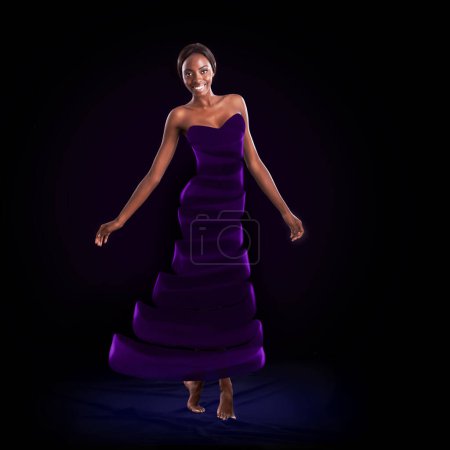 Photo for Portrait, smile and art of dance with black woman in studio on dark background for performance. Creative, fashion dress and happy with confident female person moving in rhythm to music for concert. - Royalty Free Image