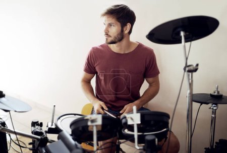 Photo for Drummer, man and music with percussion drums on stage, rhythm and talent with band. Creative person, practice and performing as artist or professional musician and audio entertainment on instrument. - Royalty Free Image