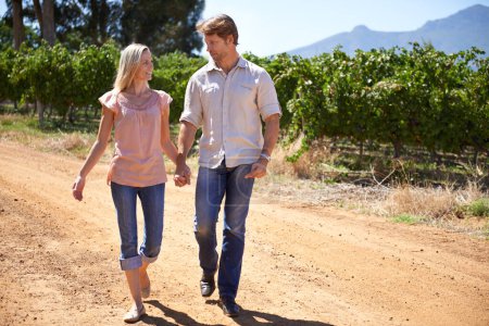 Photo for People, walk and holding hands outdoor in vineyard, countryside and environment for love, bonding and affection. Couple, man and woman happy together in summer, nature and rural area in Italy. - Royalty Free Image