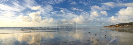 Téléchargez les photos : Ciel bleu, océan et paysage de plage en Californie pour des vacances tropicales, vacances et destination de voyage. Nature, île et mer, vagues et eau en été pour l'emplacement, le fond et l'horizon. - en image libre de droit