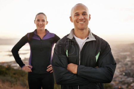 Photo for Fitness, portrait and couple in nature with arms crossed for training, exercise or morning cardio run. Sports, face and athletic people outdoor with pride for workout, wellness or running performance. - Royalty Free Image