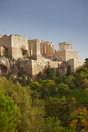 Photo for Architecture, artistic building and history of parthenon in Athens Acropolis with trees, nature and grass in Greece. Traditional temple, design and walls in landscape blue sky, rocks and marble. - Royalty Free Image