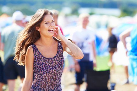 Photo for Laughing, happy or woman at outdoor music festival for concert or party in nature on fun holiday. Smile, summer or female person enjoying youth culture or event at carnival on vacation in celebration. - Royalty Free Image