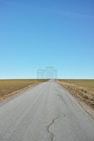 Photo for Blue sky, road trip and desert landscape for travel, holiday and natural scenery in countryside. Nature, horizon and street for journey, vacation or outdoor adventure with peace, relax and wilderness. - Royalty Free Image