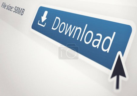 Photo for Internet, download and cursor icon to click option for file sharing on screen with white background. Computer, cybersecurity and information technology with symbol on display for cloud computing. - Royalty Free Image