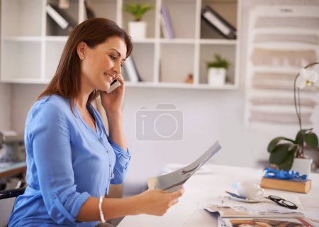 Photo for Business woman, magazine and phone call for planning, communication and networking in public relations job. Young worker, employee or designer talking on her mobile with print, photograph and catalog. - Royalty Free Image