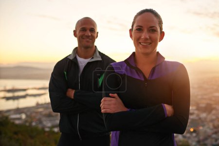 Photo for Fitness, portrait and happy couple in nature with arms crossed for training, exercise or sunset run. Sports, face and athletic people outdoor with pride for workout, wellness or running performance. - Royalty Free Image