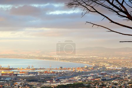 Photo for Cityscape, skyline and adventure in South Africa for travel, journey and nature of Cape Town. Landscape, sea and holiday or vacation for freedom, stadium and table mountain as location for tourists. - Royalty Free Image