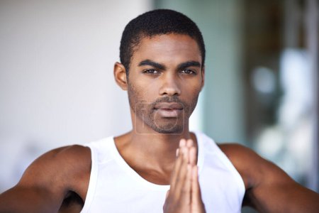 Photo for Black man, portrait and praying hands with faith for religion, hope and grateful mindset at home. African person, serious face and peace with spiritual gesture for mindfulness, worship and praise. - Royalty Free Image
