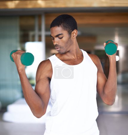 Photo for Bodybuilder, fitness and exercise with dumbbell for workout, training and healthy body in home. Black man, muscle and lifting weights with equipment in house for strength, wellness and development. - Royalty Free Image
