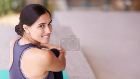Photo for Happy woman, portrait and yoga with mockup space for workout, exercise or fitness at home. Face of female person or yogi with smile in relax for break, rest or balance in health and wellness at house. - Royalty Free Image