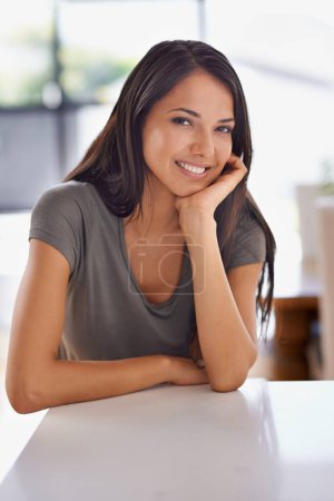 Photo for Woman, portrait and smile in apartment or relax weekend in Mexico or vacation, peaceful or kitchen counter. Female person, face and resting getaway or carefree morning as comfort, leisure or wellness. - Royalty Free Image