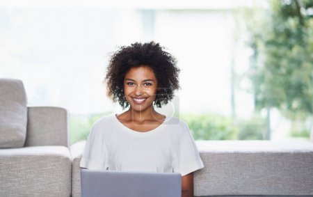 Photo for Portrait, laptop and African woman in lounge, smile and online shopping from home. Internet, ecommerce and shopping for fashion clothing, browsing and connected for happy female with natural afro. - Royalty Free Image