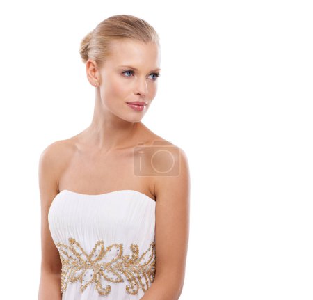 Photo for Thinking, woman and bride with wedding gown in studio on white background in confidence for fashion. Female person, classy and glamour in elegant dress design for love, anniversary and celebration - Royalty Free Image