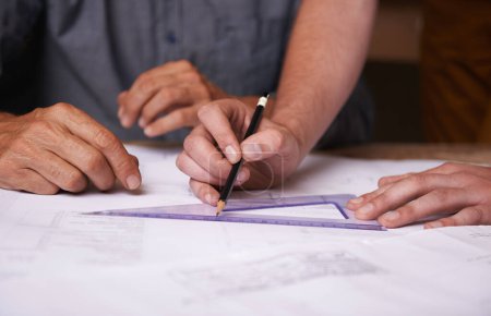 Photo for Hands, pencil and architect team drawing blueprint, construction and civil engineering with stationery. Design tools, collaboration and closeup of people with floor plan for property or renovation. - Royalty Free Image