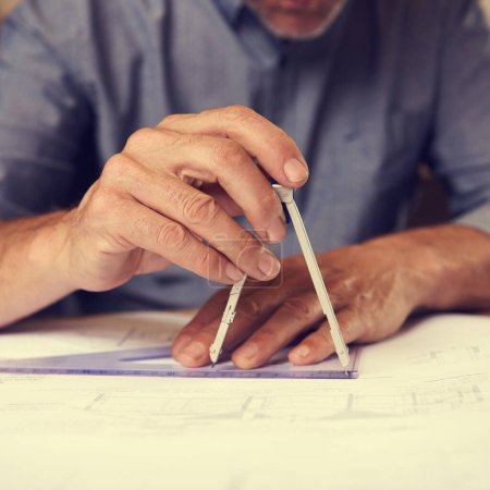 Photo for Hands, compass and triangle for architecture, blueprint drawing for construction with person and stationery. Drawing tools, equipment and closeup of floor plan for property development or renovation. - Royalty Free Image