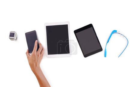 Tablet, phone and white background for hand, digital and marketing as connecting set for business. Smartphone, display and advertise in studio, select and person for information technology and choose.