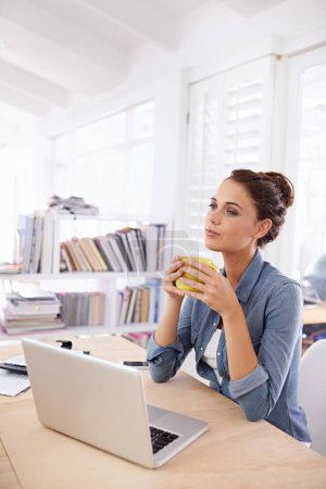 Photo for Woman, laptop and thinking in home coffee, learning and concentration with cup . Freelancer, researching and working on creative project with computer, technology and connectivity for search results. - Royalty Free Image