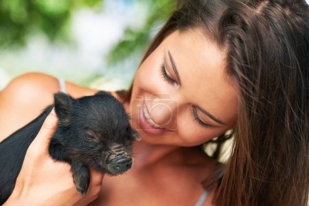 Woman, pig and happiness for volunteer, charity organization and rescue center. Welfare, smile and female person with piglet for foster care, adoption and animal sanctuary for nonprofit or ngo.