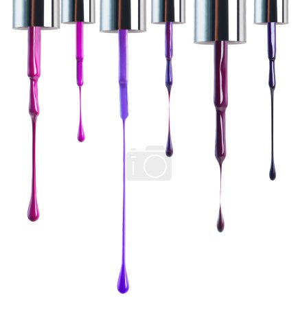 Photo for Nail polish, color and brush on a white background for beauty, cosmetics and salon products. Cosmetology, luxury spa and isolated liquid, drip and purple for manicure, pedicure and pamper in studio. - Royalty Free Image