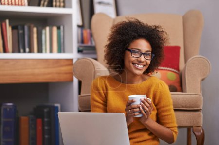 Photo for Portrait, laptop and African woman in library, floor and study for education. Smile, coffee and glasses for happy female student with natural afro hair, learning and technology for knowledge. - Royalty Free Image