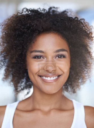 Photo for Happy, portrait and black woman with beauty from dermatology or natural glow on skin in morning. African, girl and smile on face for skincare, cosmetics or hair care for curly afro hairstyle closeup. - Royalty Free Image