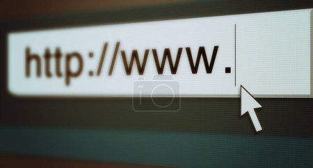 Photo for Web, cursor and url of search bar on computer screen for information, worldwide surfing and server. Homepage, html or webpage address for browsing, research download and online portal with closeup. - Royalty Free Image