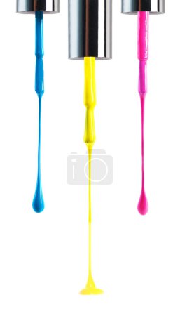 Photo for Neon, color and drip for product, nail art and cosmetic with white backdrop for manicure, beauty and paint. Bold and outstanding for liquid or acrylic for pedicure, gel and vibrant for shine. - Royalty Free Image