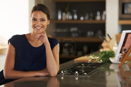 Photo for Portrait, smile and realtor woman in kitchen of home to relax at counter for weekend open house as broker. Happy, morning and confident with satisfied young real estate agent person in apartment. - Royalty Free Image