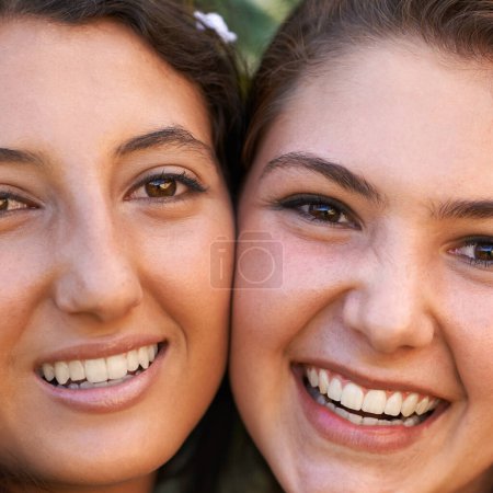 Photo for Closeup, best friends and women with hug, portrait and happiness with weekend break and summer. Face, people and girls with joy and cheerful with vacation and bonding together with holiday and smile. - Royalty Free Image