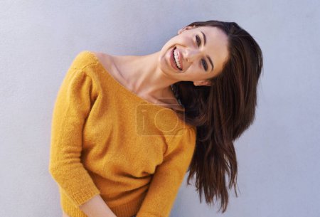 Photo for Portrait, fashion and happy woman on a wall, girl or funny model laughing isolated on purple background. Smile, face and beauty of young person in casual clothes, trendy or stylish sweater in Italy. - Royalty Free Image