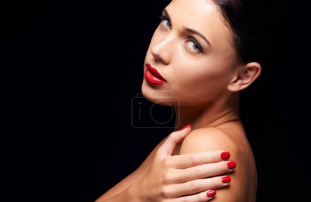 Photo for Woman, beauty and model lipstick in studio, cosmetic and make up with nail polish for stylish elegant and edgy. Cosmetology for female person with spa manicure, natural or skincare for vibrant colour. - Royalty Free Image