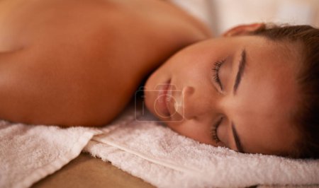 Photo for Wellness, calm and woman in spa for peace or vitality with wellbeing, luxury and pamper for body care or treatment. Female person, resort and carefree after massage therapy for stress relief to relax. - Royalty Free Image