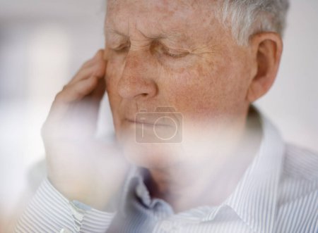 Photo for Old man, pain and headache migraine in retirement with burnout fatigue for stressed pressure, worry or mental health. Elderly, tired person and hand for temple with anxiety, frustrated or unhappy. - Royalty Free Image